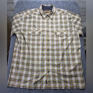 KÜHL Plaid Button Down Short Sleeve Shirt XXL Yellow Gray Mountain Born Outdoors